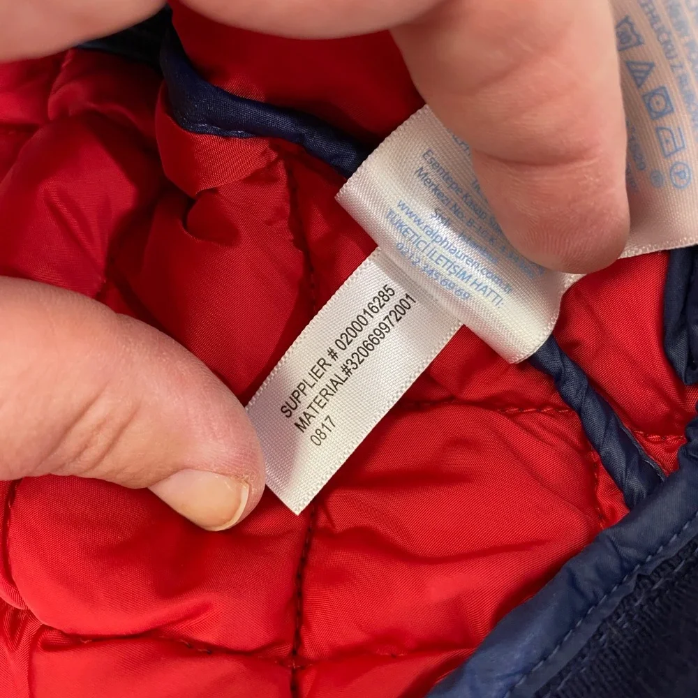 Ralph Lauren Quilted Bomber Jacket Baby Boy 3M Navy Blue Red Pony Zip Up Coat